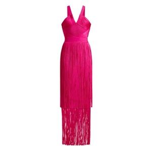 Herve Leger Vibrant Pink High Low Fringe Dress